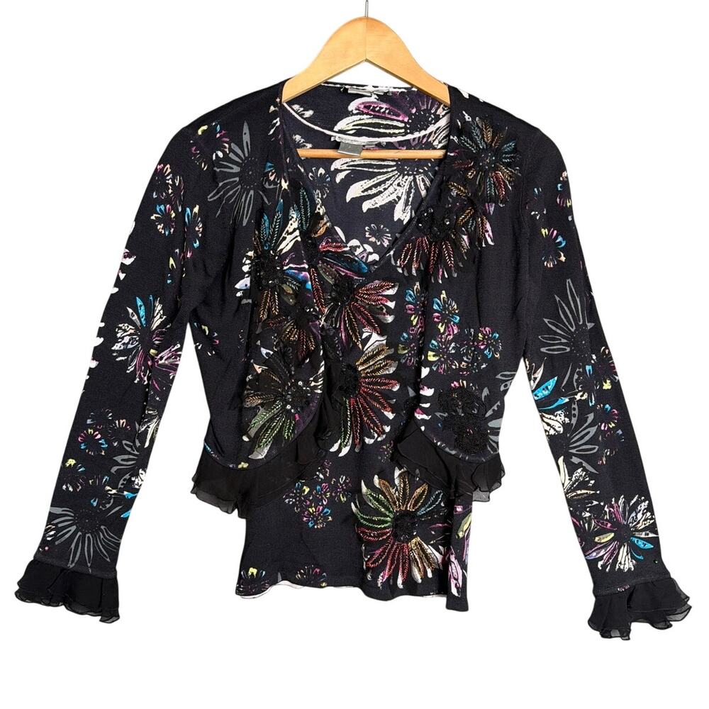 Alberto Makali 2 Pc Beaded Floral Twin Set Cardigan Shell Top Black Size M Y2K